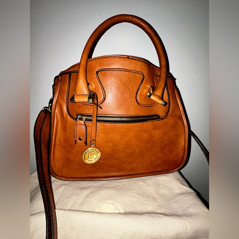 London Fog Tan Leather Tote with Gold Accents and crossbody strap.